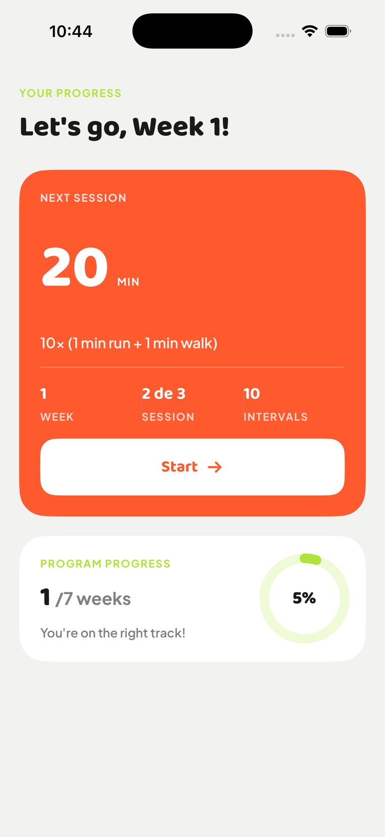 Trotto home screen: Week 1, next session 20 minutes