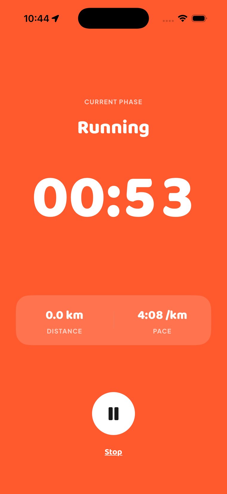 Session screen: Running phase, 00:53