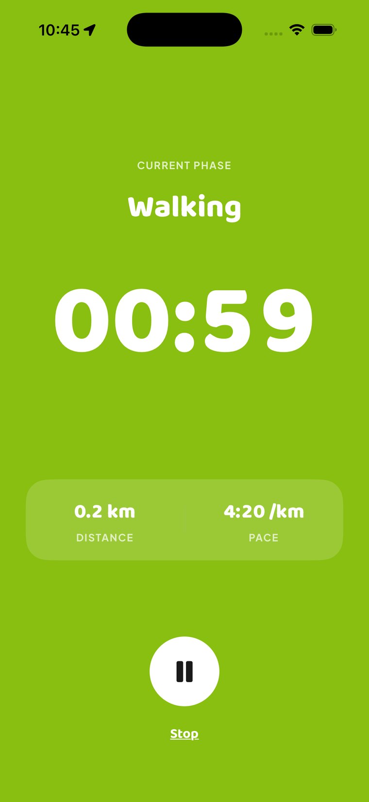 Session screen: Walking phase, 0.2 km, pace 4:20 /km