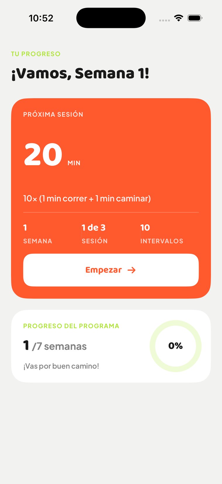 Pantalla de inicio de Trotto: Semana 1, próxima sesión de 20 minutos