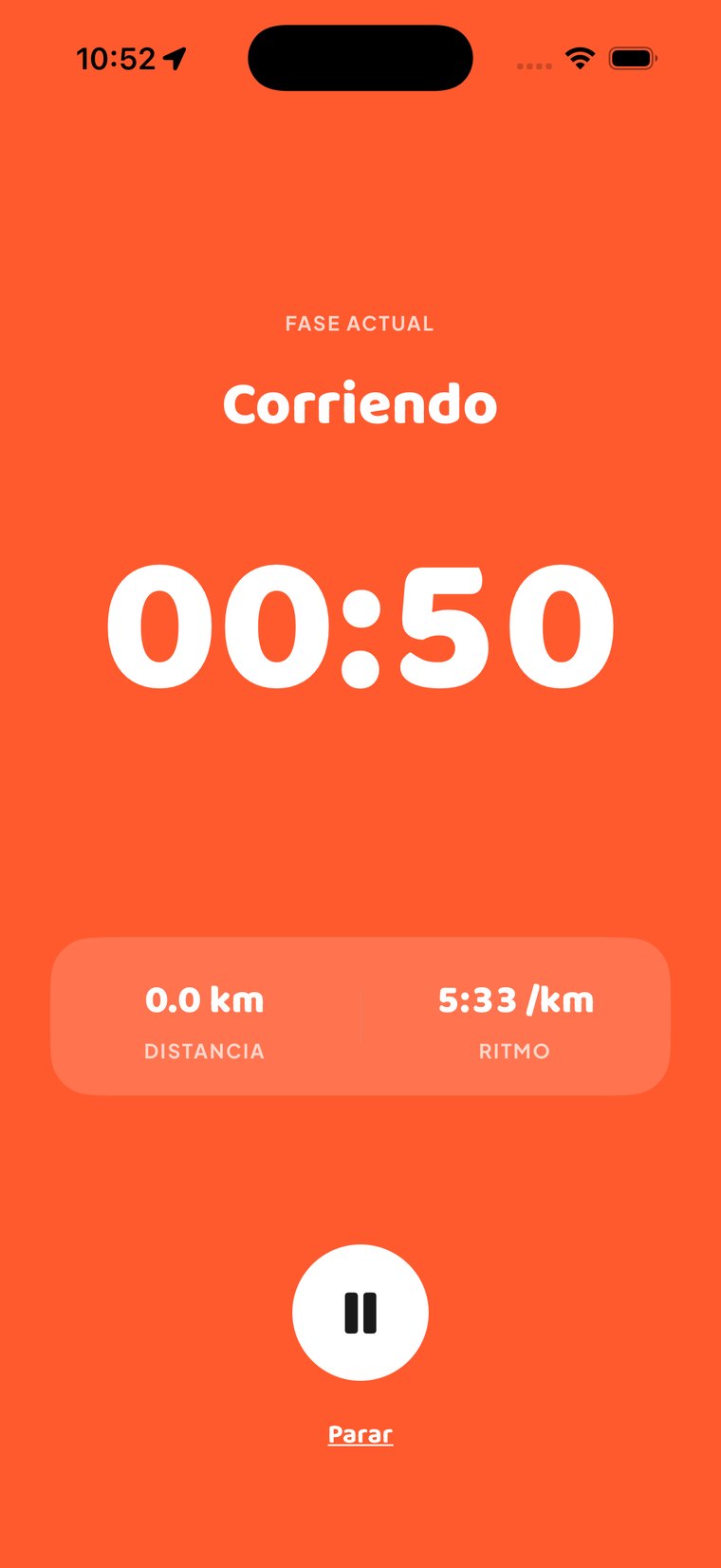 Pantalla de sesión: fase Corriendo, 00:53