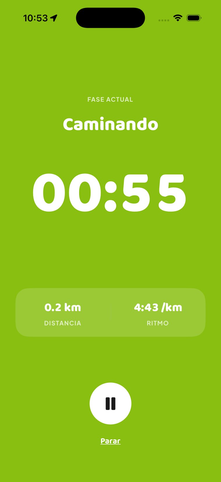 Pantalla de sesión: fase Caminando, 0,2 km, ritmo 4:20 /km